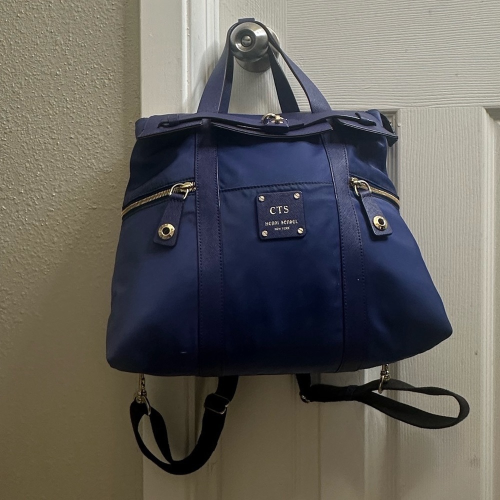 Henri Bendel Jetsetter Convertible Navy Blue Leather Nylon Backpack - Picture 9 of 16